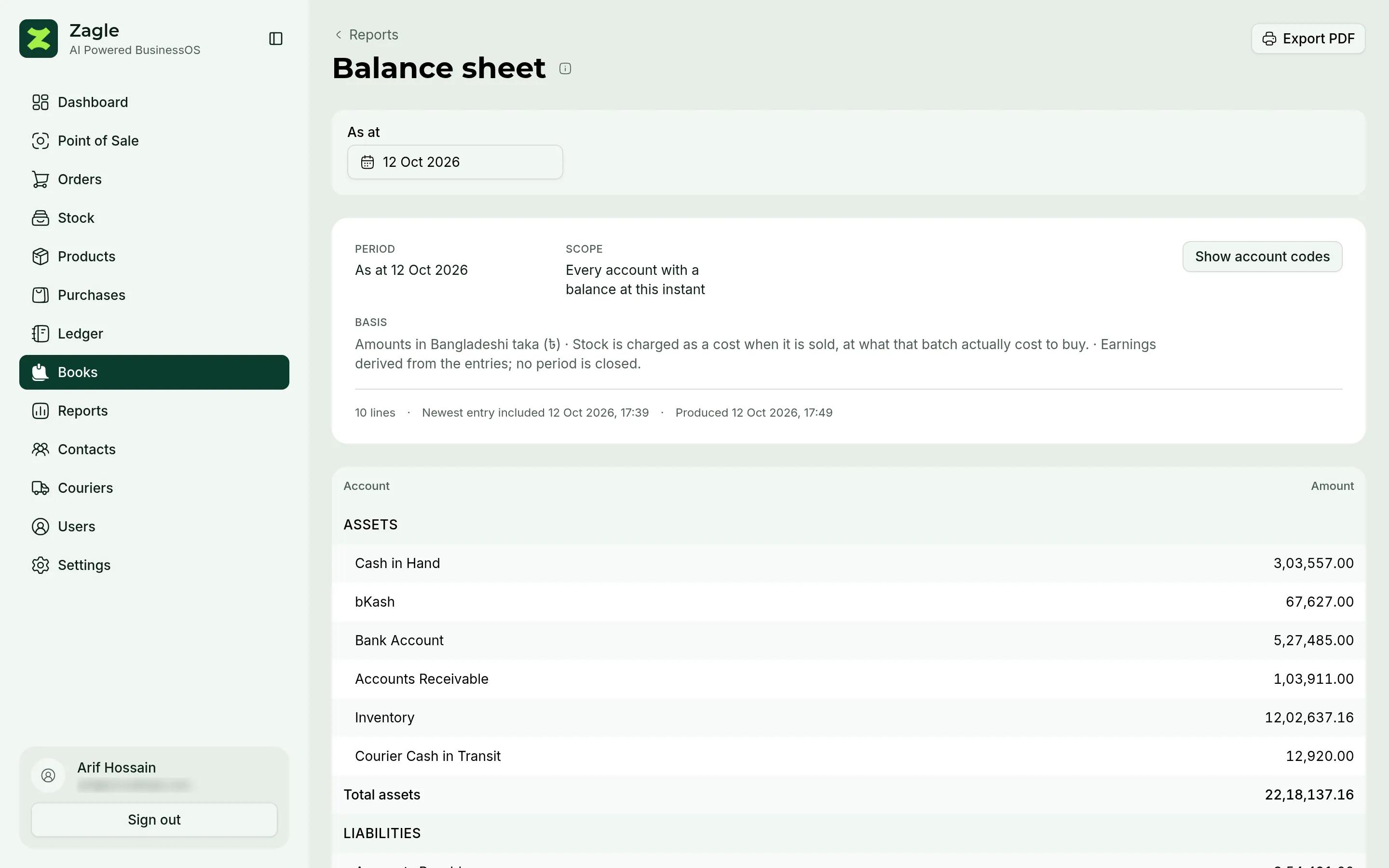 The balance sheet: what the shop owns, owes and is worth on a given day.