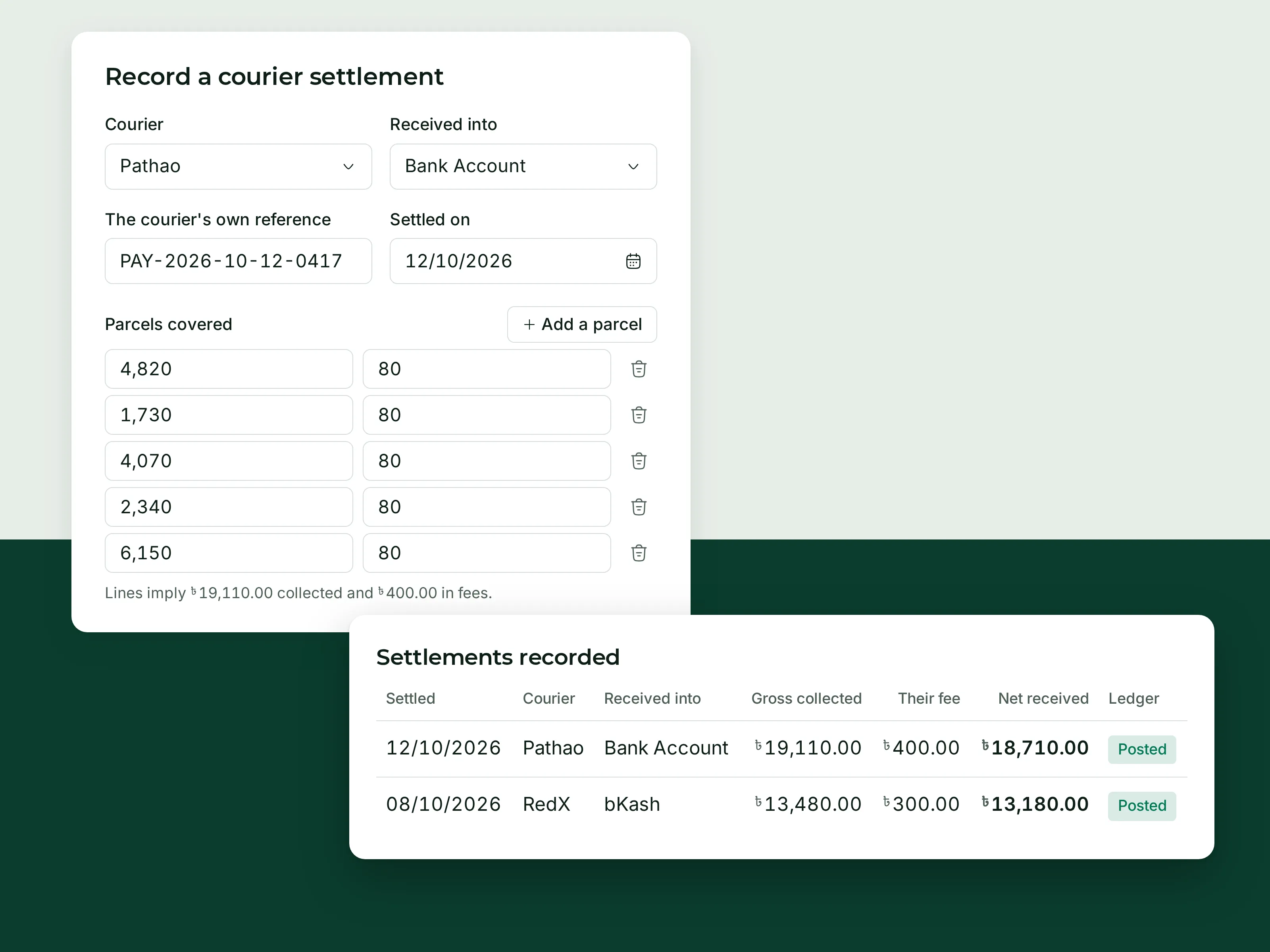 A courier settlement broken down by parcel: COD collected, courier fee and the net amount paid.
