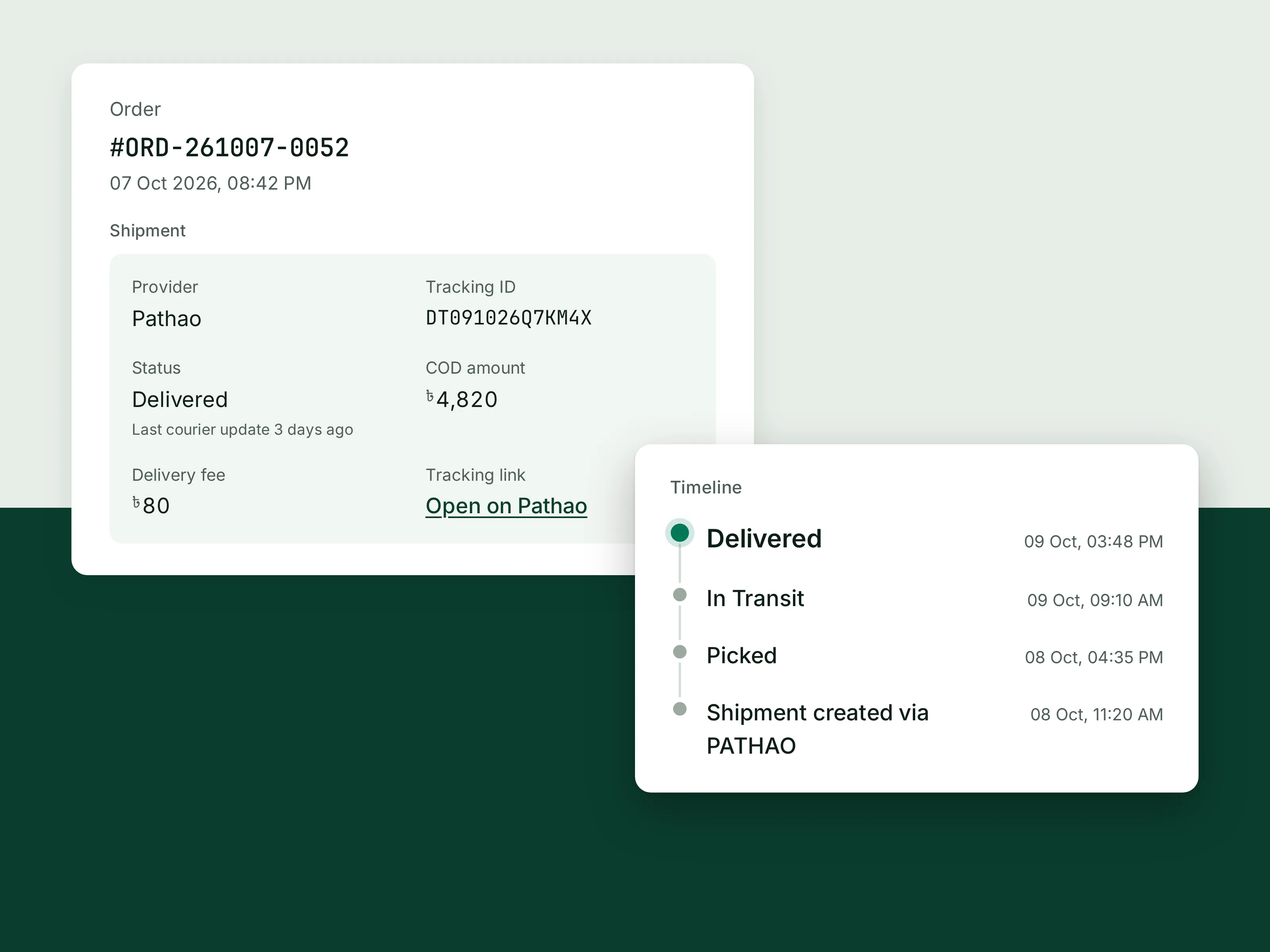 A parcel booked with a courier from inside the order, and the status updates the courier sent back.