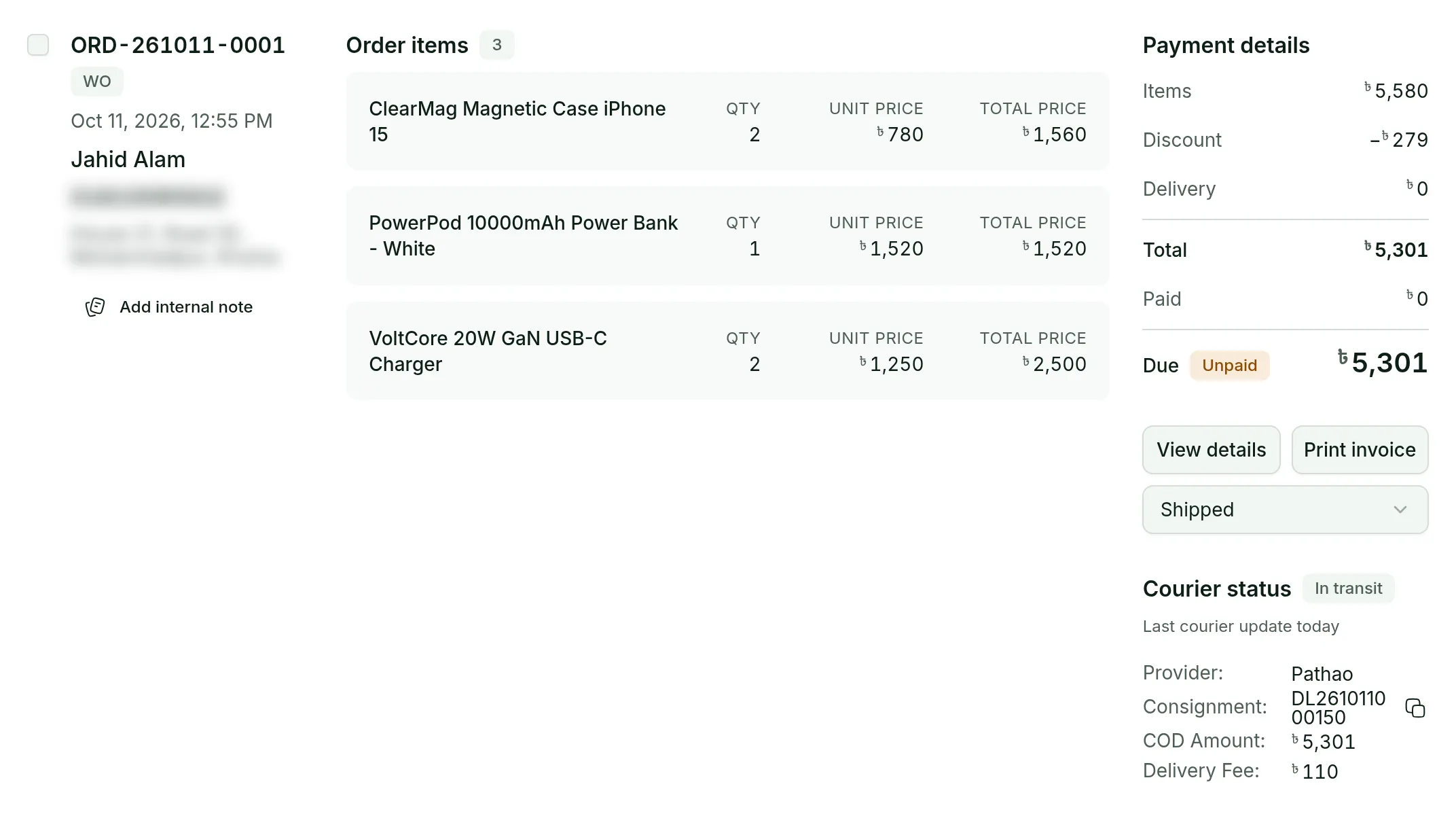 An order with three items and its payment details, marked Shipped, with its courier status: In transit with Pathao, a consignment number, the COD amount and the delivery fee.