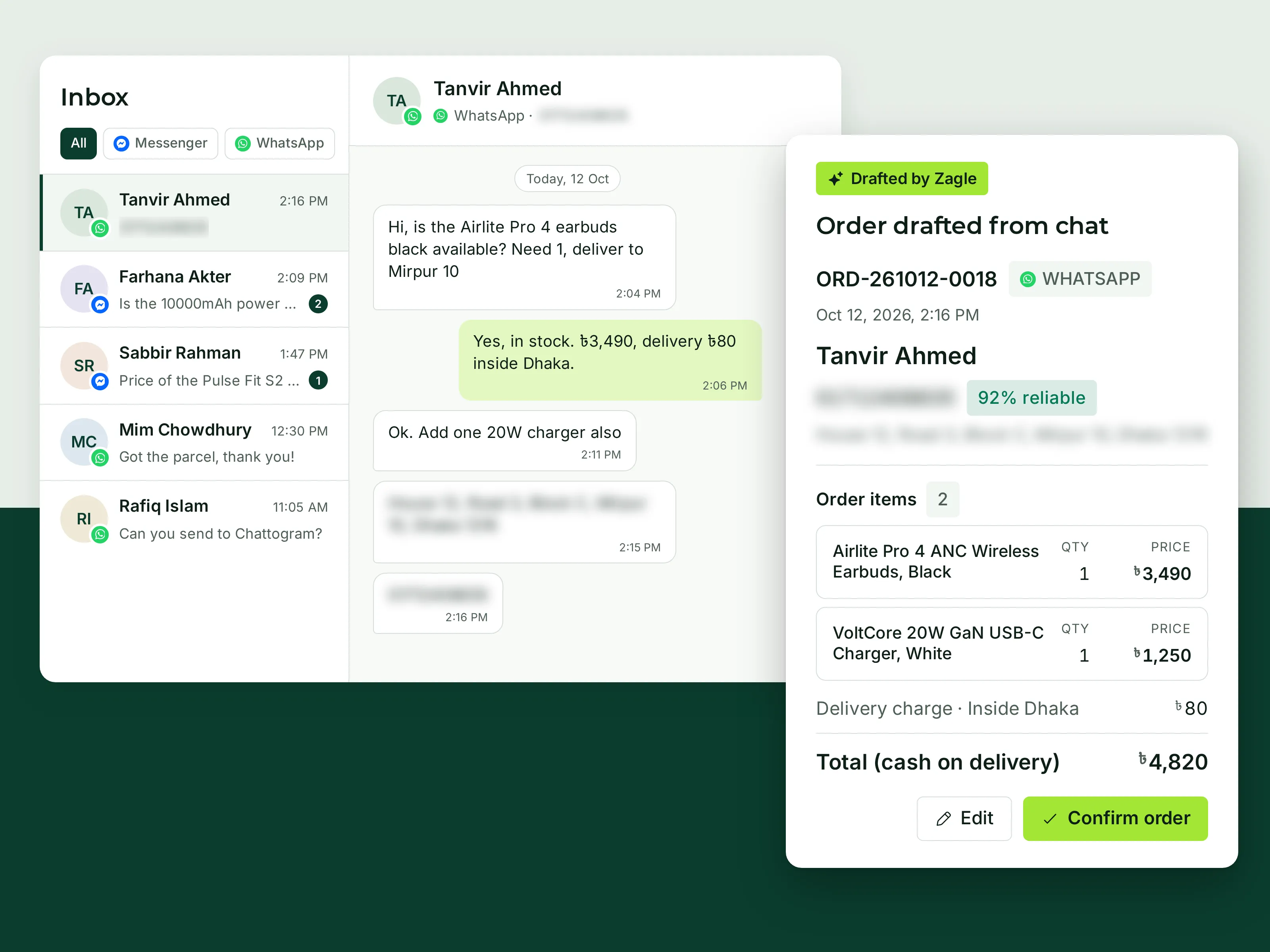 The unified inbox: a Messenger chat beside the order Zagle drafted from it, with the customer's name, phone, address and items ready to confirm.