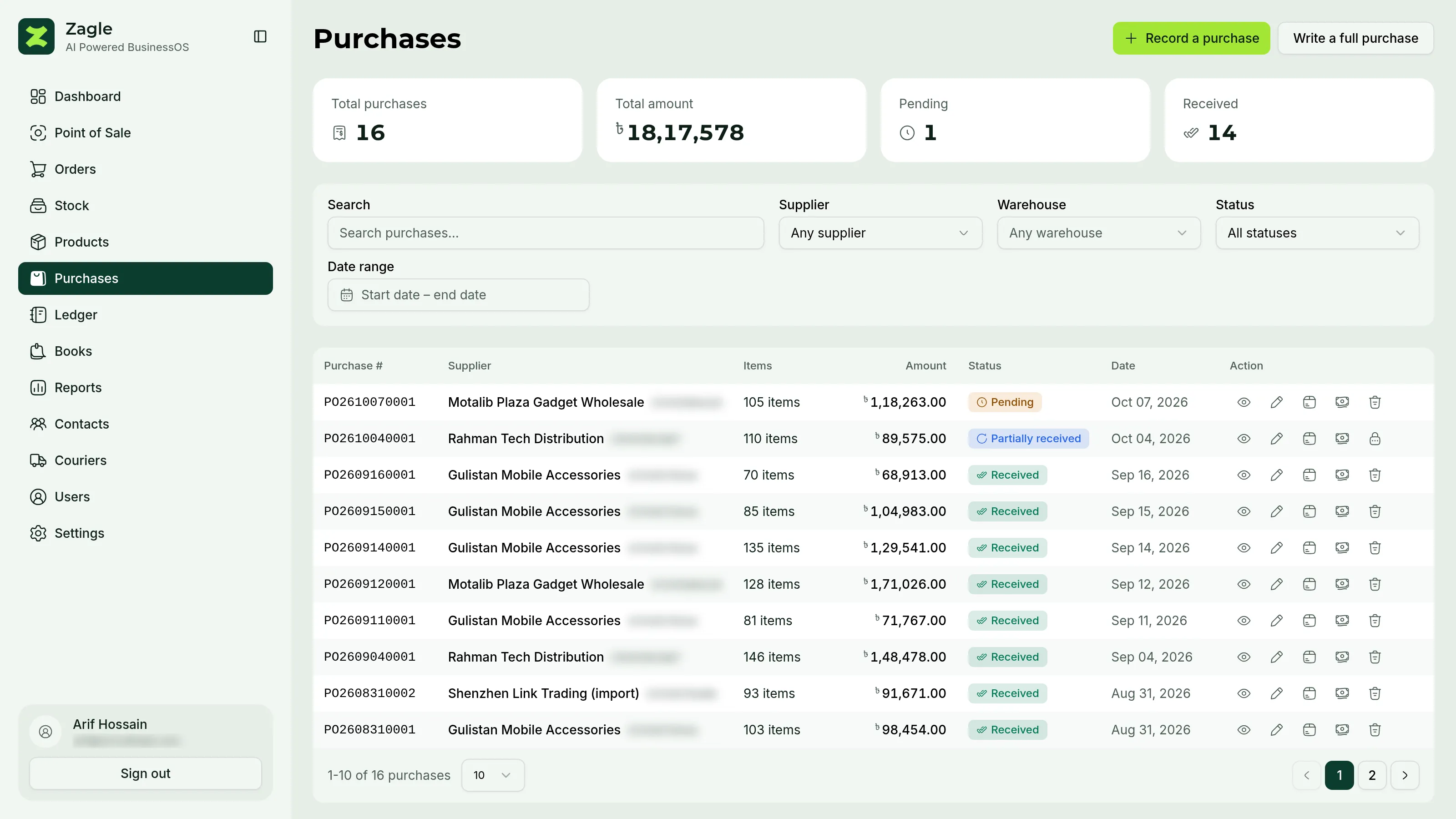 The purchases list: totals for purchases, amount, pending and received, and each purchase with its supplier, item count, amount, status and date.