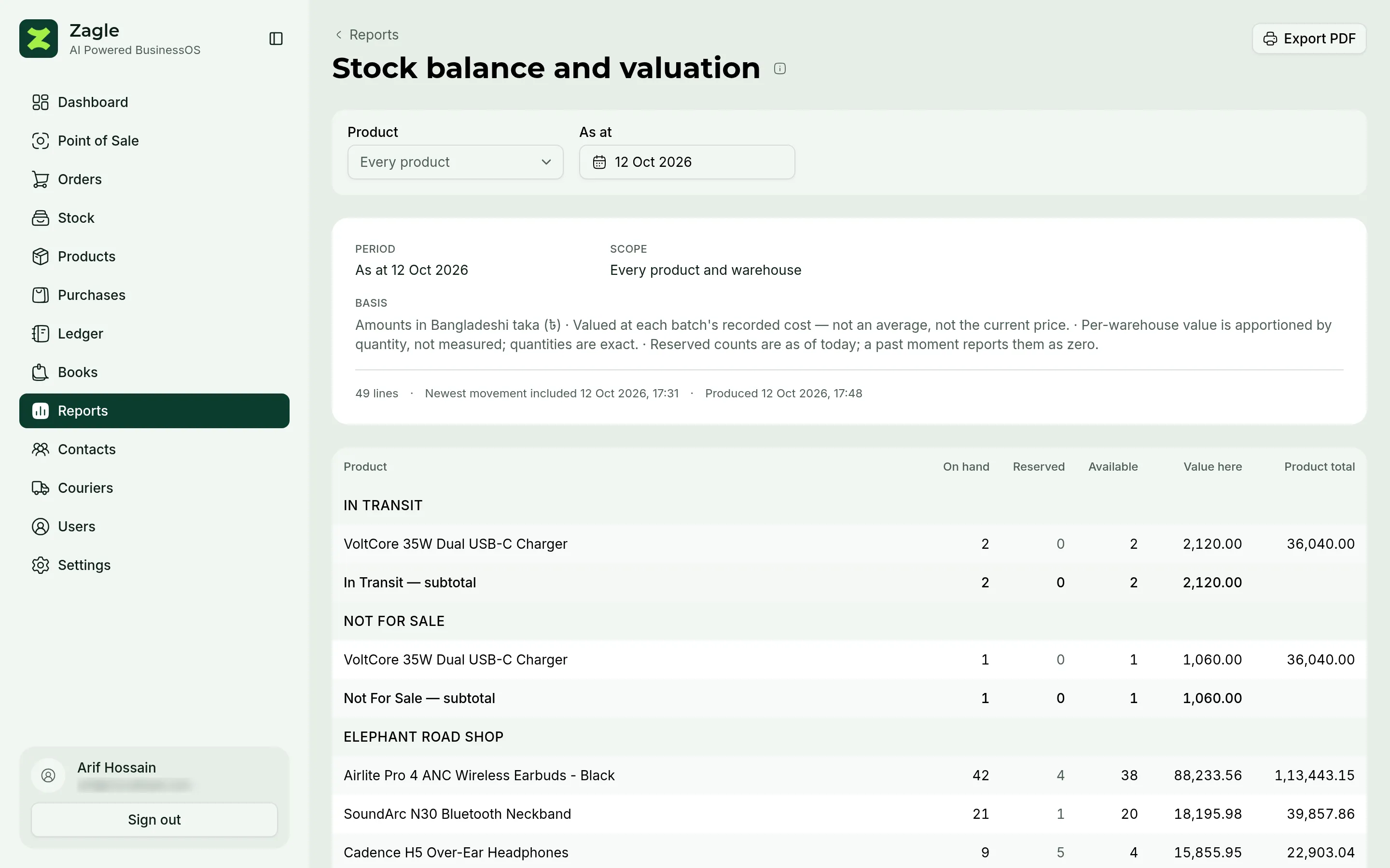 Stock valuation: the cost of what is on the shelves, lot by lot, tied to the inventory account.